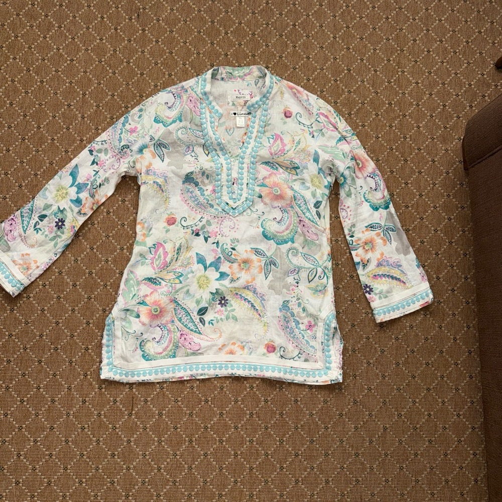 Floral Paisley Tunic Top with Aqua Trim - Women